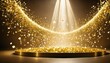 Golden confetti shower cascading on a festive stage, lit by central light beam, perfect for events like award ceremonies, jubilees, and New Year's parties