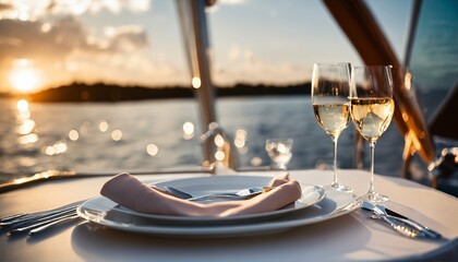 Wall Mural - Sunset dining on a motor yacht, elegant table setup for a romantic meal