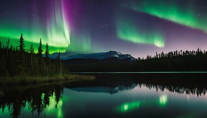 Enchanting aurora borealis illuminating the sky over a lake, with dense forest scenery in the distance