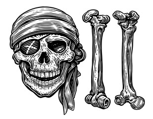 Sticker - Skull and Bones. Pirate sketch. Hand drawn vintage vector illustration engraving style