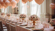 Zastawa stołowa na przyjęciu urodzinowym lub chrzcinach - dekoracja stołów na przyjęciu przez florystę i dekoratora. Piękne bukiety kwiatów na stoliku i balony