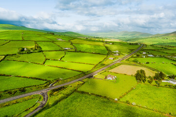 Wall Mural - Aerial view of endless lush pastures and farmlands of Ireland's Dingle Peninsula. Irish countryside with emerald green fields and meadows. Rural landscape on sunset.