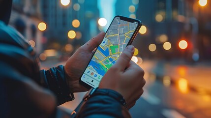 Sticker - Close-up of a driver's hands gripping a cellphone, with the Google Maps navigation app open, as they search for directions against the backdrop of blurred city street lights at night