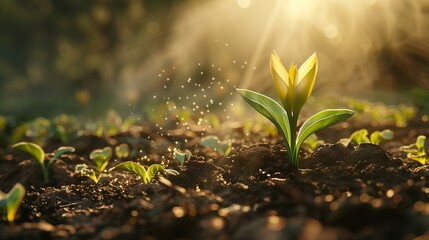 Sunlight falling on a bulb tree in the ground, idea to preserve the environment and energy power