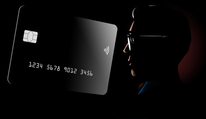 Wall Mural - A credit card and a human face are seen together in this 3-d illustration about credit and debit cards and banking.