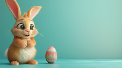 cute animate Easter rabbit posing with his arms on a pastel blue background