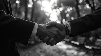 Wall Mural - old friends handshake black and white photo concept.