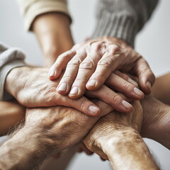 Wall Mural - Stack of hands showing unity and teamwork Pension Fund concept.