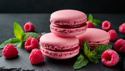 Wall Mural - Pink macaroons with raspberries on black background