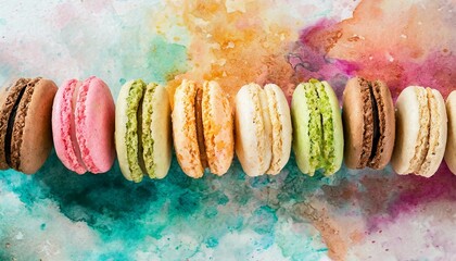 Row of french cookies macaroons on watercolor background, top view