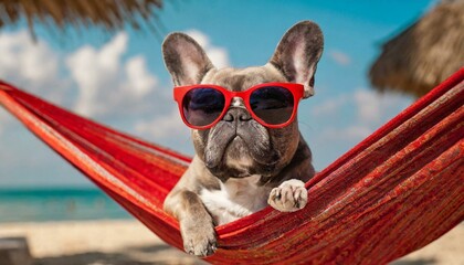 French bulldog dog relaxing on a fancy red hammock with red sunglasses, on summer vacation holidays at the beach