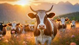 Fototapeta  - Cows herd on a grass field during the summer at sunset. A cow is looking at the camera sun rays are piercing behind her horns.