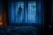 Creepy blurred ghost figure behind a bedroom window at night Creating a haunting and mysterious atmosphere perfect for a halloween horror scene