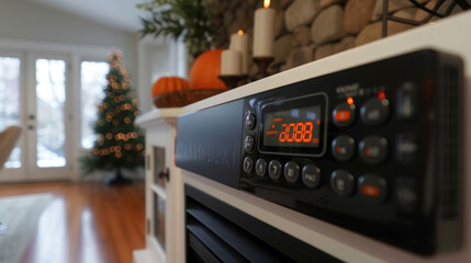 View of the control panel on the front of the heater featuring easytouse buttons and a bright display screen.