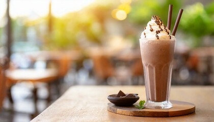 Iced chocolate milkshake, Summer refreshment drinks on wooden background in cafe.