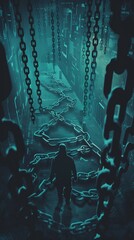 Data Breach Labyrinth, a person navigating a dark twisted maze filled with padlocks, broken chains, and scattered data fragments, generative AI