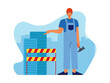 © roundsquid - Worker carries a hammer in his hand. Builder vector illustration.