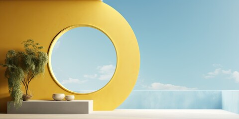 Wall Mural - Minimalist interior architecture with a yellow cement wall, a blue sky inside a circle glass window frame in a modern living space.