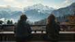 Boy and girl sitting on the balcony enjoying coffee looking at the mountain view, AI generated Image