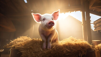 a small pig in the style of cute lies inside a barn, generative ai