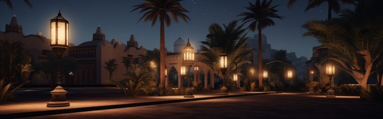 Wall Mural - Panoramic mosque scene at night, with the theme of the month of Ramadan and Islamic holidays.