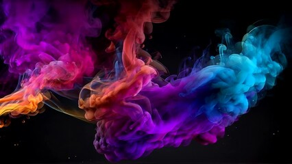 Wall Mural - Abstract colorful fantasy smoke moving on black background. Colorful smoke explosion animated background. Cyberpunk neon light illustration