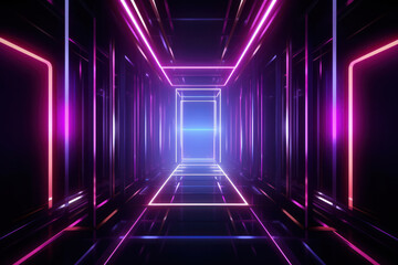 Wall Mural - Futuristic Neon Light Abstract: Glowing Modern Blue Floor Room, Dark Stage, Empty Space Tunnel