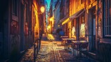 Fototapeta Uliczki - Night view of the narrow streets of Lisbon with cafe outdoors Portugal : Generative AI