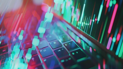 Poster - Double exposure of abstract creative financial chart on modern laptop background, research and strategy concept : Generative AI