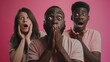 Shocked stupefied dark skinned man and their companions pose against pink background Emotional surprised horrified mixed race people see something unexpected in front Human reaction co : Generative AI