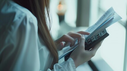 Fototapete - Business woman counting on calculator and holding documents in hands closeup. Bookkeeping concept : Generative AI