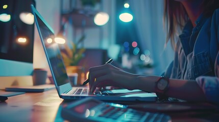 Fototapete - Close up Business woman using calculator and laptop for do math finance on wooden desk in office and business working background, tax, accounting, statistics and analytic research conc : Generative AI