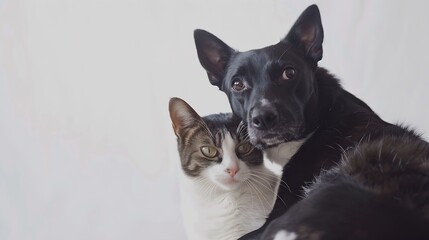 Cute dog and cat together on white background : Generative AI