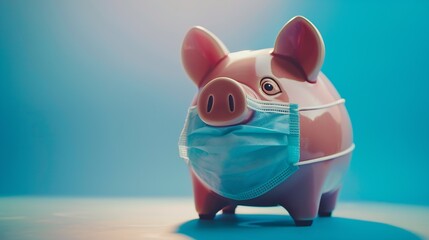 Poster - Close up of piggy bank, wearing protective face mask, isolated on blue background. Money saving concept in time of coronavirus pandemic. : Generative AI