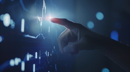 Fototapete - Close up of hand pointing at glowing business chart on dark blue background. Stock, market and trade concept. Double exposure : Generative AI