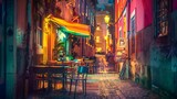 Fototapeta Fototapeta uliczki - Night view of the narrow streets of Lisbon with cafe outdoors Portugal : Generative AI