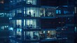 multistorey office building at night with worker working overtime late night at office lighting and working people within Late night overtime in a modern office building : Generative AI