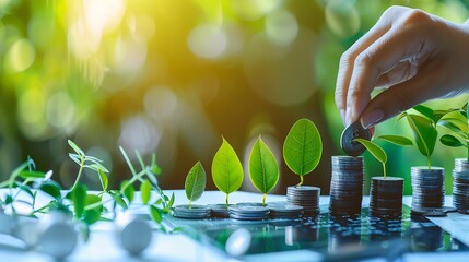 Poster - Saving money concept. Hand putting money coin stack with growing business graph. Panoramic business banner with copy space. : Generative AI