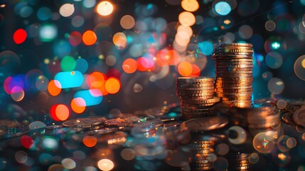Fototapete - Double exposure of coins stack with graph chart and night cityscape. Economic, business, financial and stock market growth concept. : Generative AI