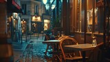 Fototapeta Uliczki - Cozy street with tables of cafe in Paris at night France Architecture and landmarks of Paris Postcard of Paris : Generative AI