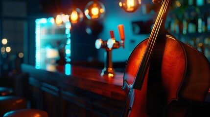 Poster - Modern jazz bar interior design stage with cello lamps above bar counter : Generative AI