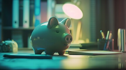 Fototapete - Piggy bank with business stuff, business and finance concept, vintage color tone. : Generative AI