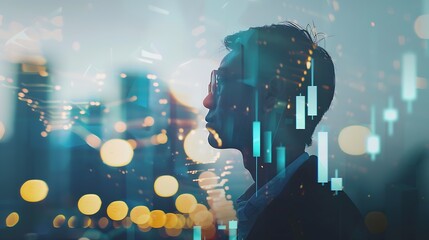 Poster - Financial investment, business analysis concept. Double exposure of businessman and stock market or forex graph. Economy trends background. Finance background for business design or pr : Generative AI