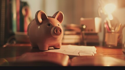 Fototapete - Piggy bank with business stuff, business and finance concept, vintage color tone. : Generative AI