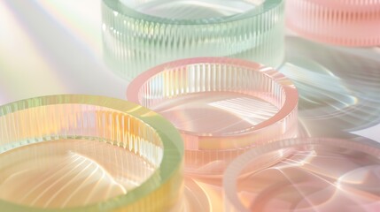 Fototapete - Photography of acrylic glass product presentation pedestal Shapes and pastel colours created by acrylic glass Ribbed patterns provide a scene for beauty products makeup and accessories : Generative AI