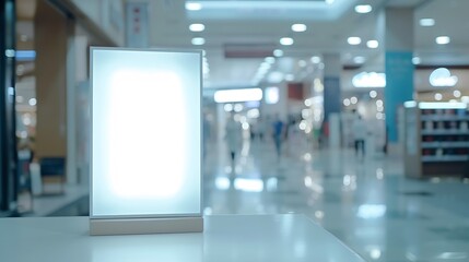 Mock up Menu frame in shopping mallStand for booklets with white sheets of paper acrylic tent card on table on : Generative AI