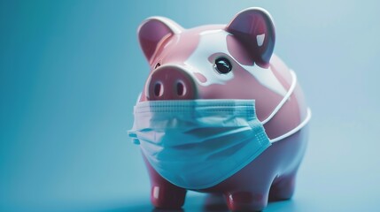 Poster - Close up of piggy bank, wearing protective face mask, isolated on blue background. Money saving concept in time of coronavirus pandemic. : Generative AI