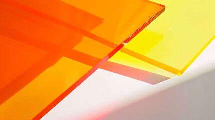Aufkleber - Saturated orange and neon yellow acrylic sheet with long shadow on a bright lit white background Stylish abstract background Colourful stage for advertising promoting new products or p : Generative AI