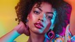 © Generative AI - High Fashion model woman in colorful bright lights posing portrait of beautiful girl with trendy makeup Art design colorful make up Over colourful vivid background : Generative AI