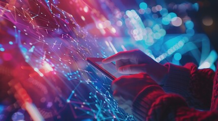 Aufkleber - Internet network technology, digital software development, future tech background, IoT concept. Man using digital tablet and laptop with global network connection, computer code : Generative AI